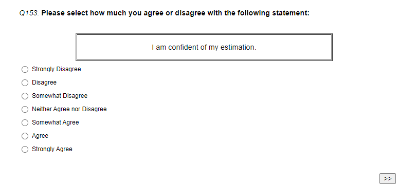 Screenshot of a multiple-choice question with seven choices as a radio button, representing a Likert-scale question. The question reads 'Please select how much you agree or disagree with the following statement: I am confident of my estimation.' The options are Strongly Disagree, Disagree, Somewhat Disagree, Neither Agree/Disagree, Somewhat Agree, Agree, Strongly Agree.